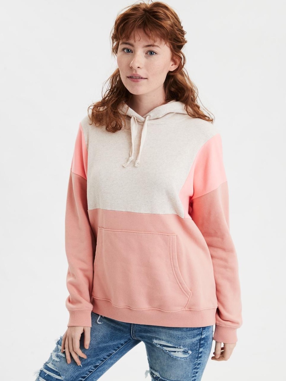 American Eagle Pink Fleece Colorblock Oversized Hoodie